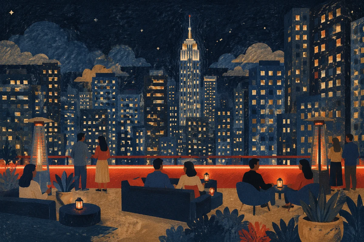 Rooftop Terrace Over Downtown Evening Lights