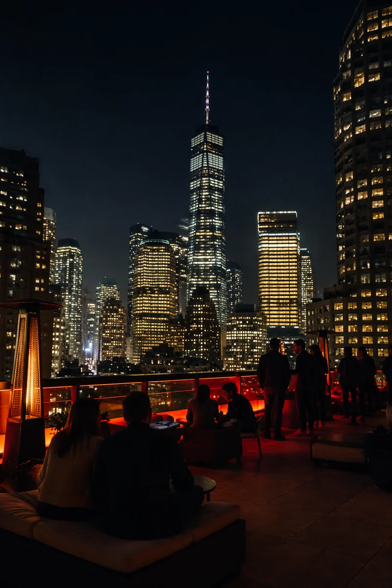 Evening Rooftop Terrace Over Downtown Skyline