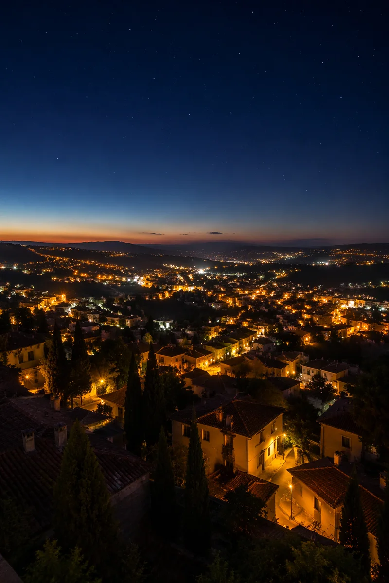 Panoramic Rooftop Cityscape at Evening Lights