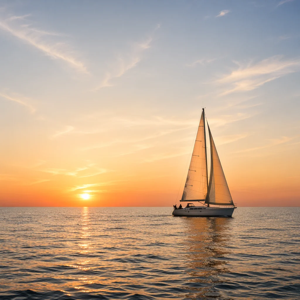 Sailboat on Calm Sea at Sunset
