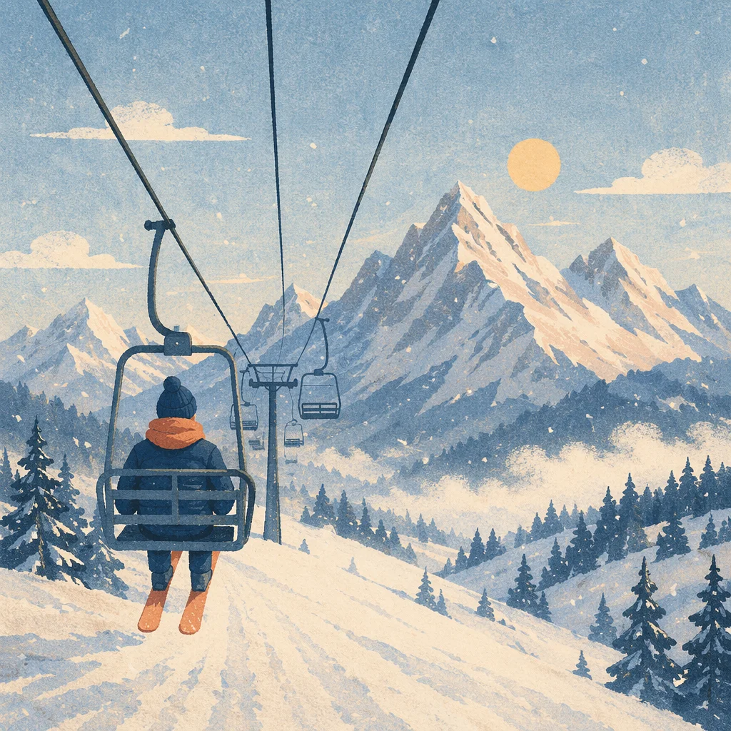 Ski Lift Over Snowy Alpine Peaks