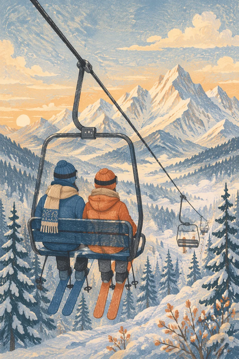 Peaceful Ski Lift Ride to Snowy Peaks