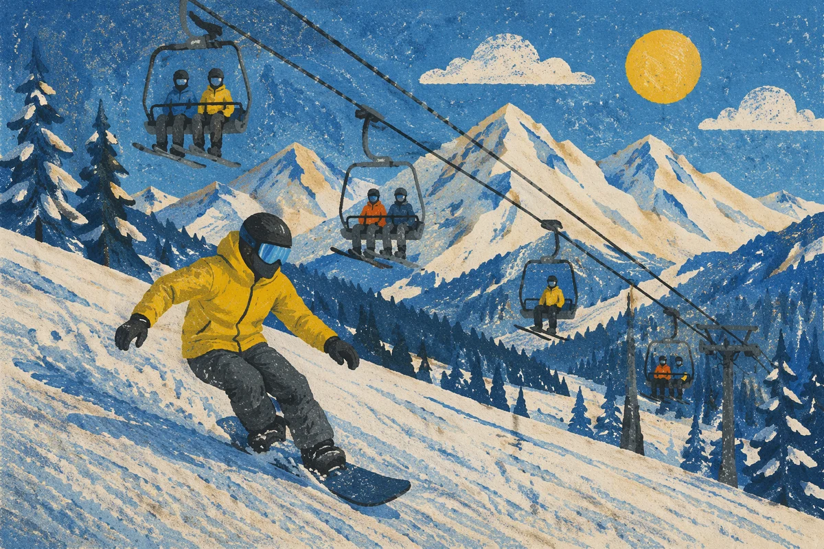 Snowboarder and Ski Lift on Alpine Slope