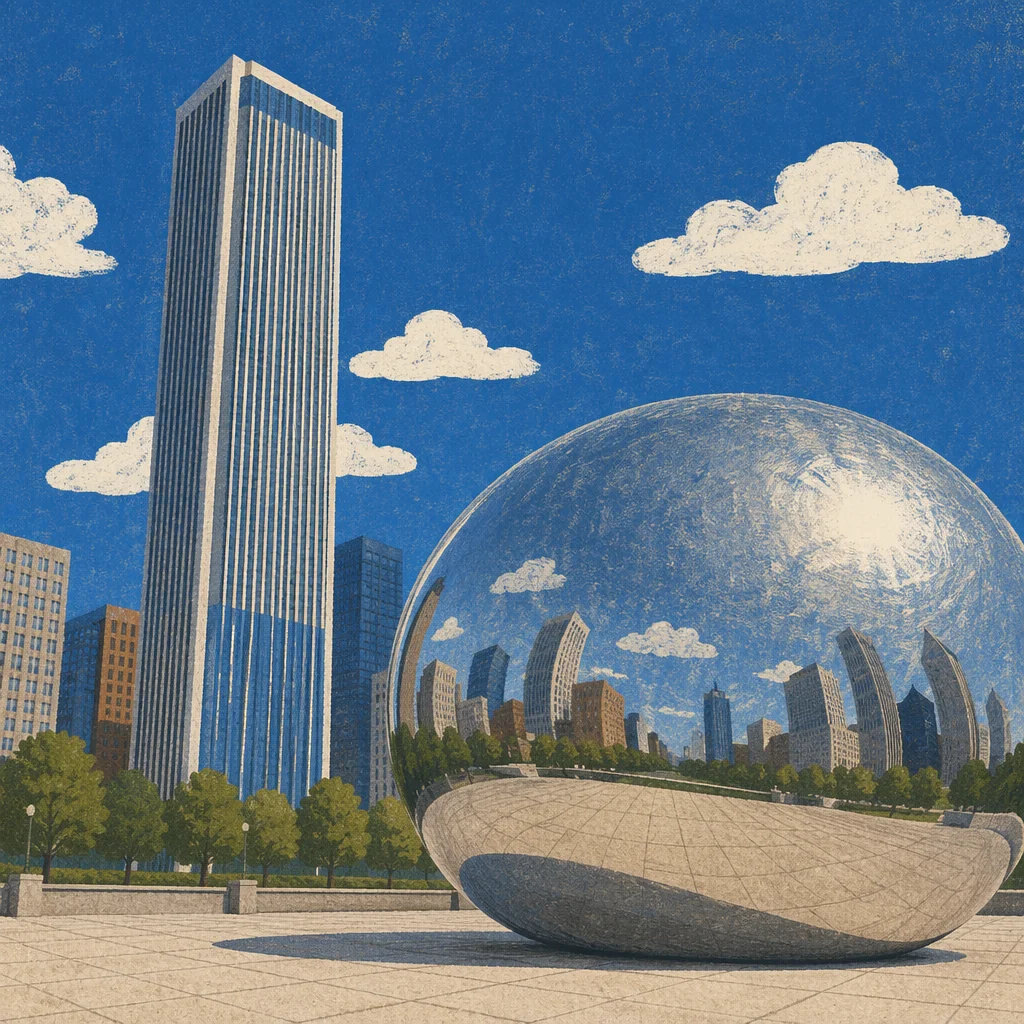 Modern Plaza Skyscraper and Reflective Sphere