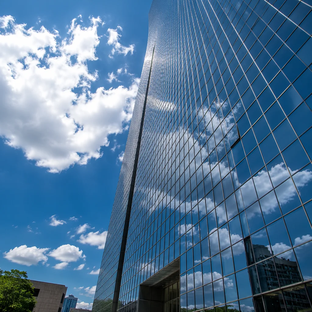 Modern Glass Skyscraper Reflecting Blue Clouds