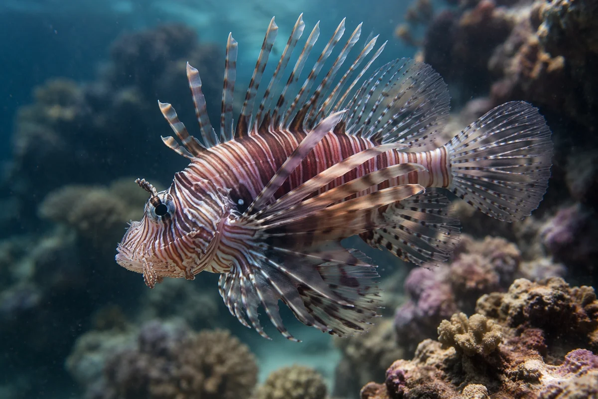 Lionfish Gliding Through Tropical Coral Reef