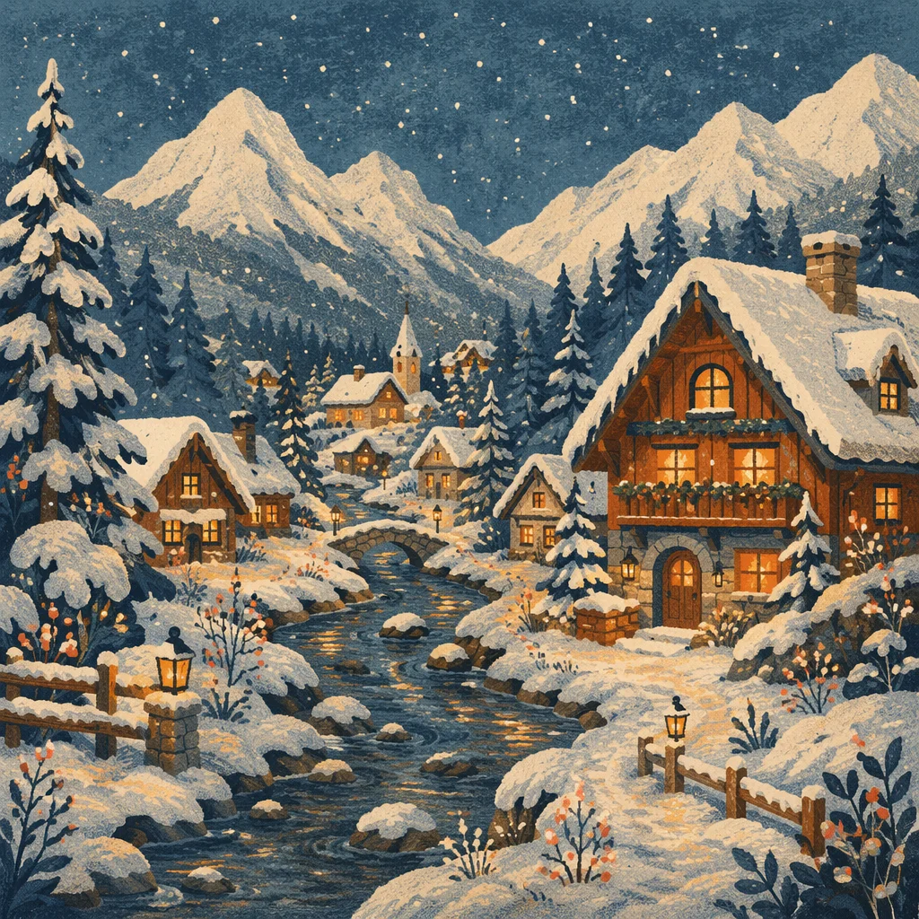 Cozy Alpine Winter Village at Blue Hour