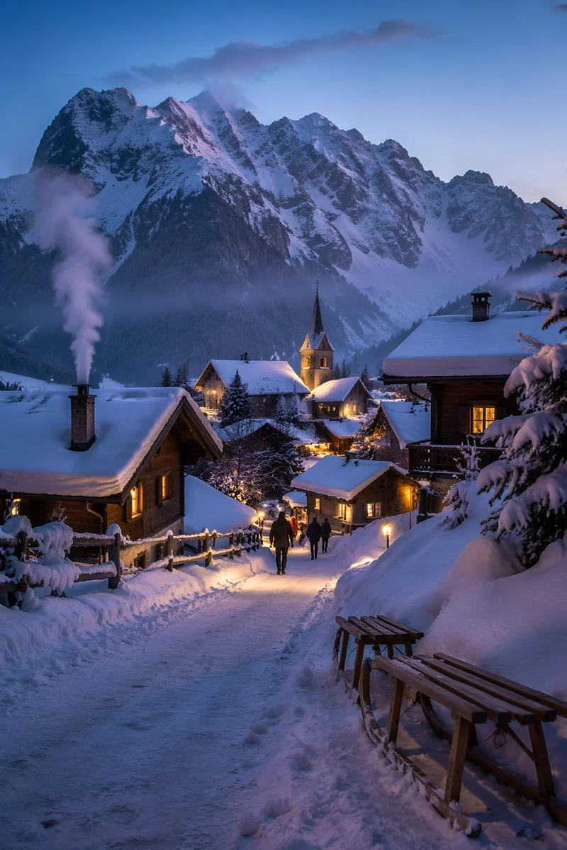 Cozy Snow Capped Mountain Village at Blue Hour