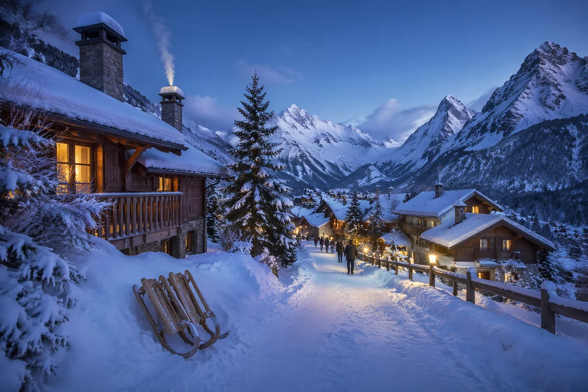 Cozy Snow Capped Mountain Village at Blue Hour