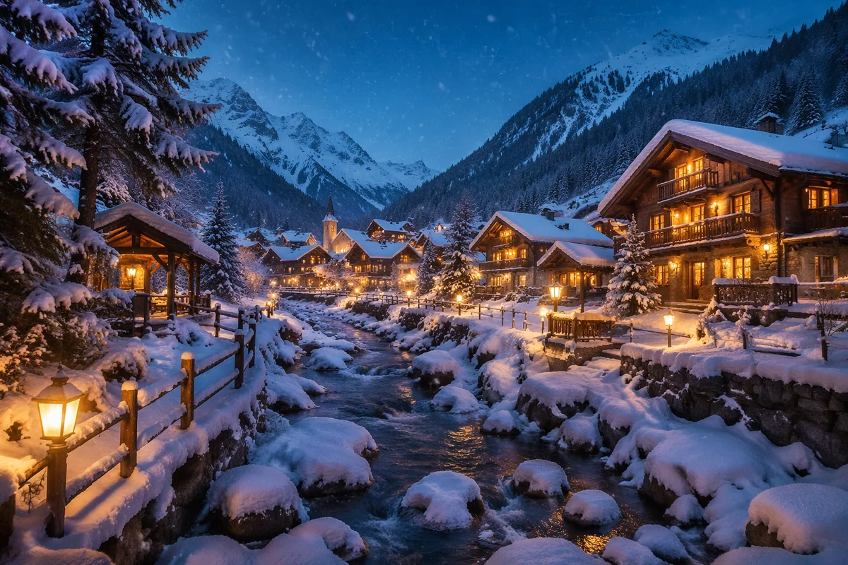 Cozy Alpine Winter Village at Blue Hour