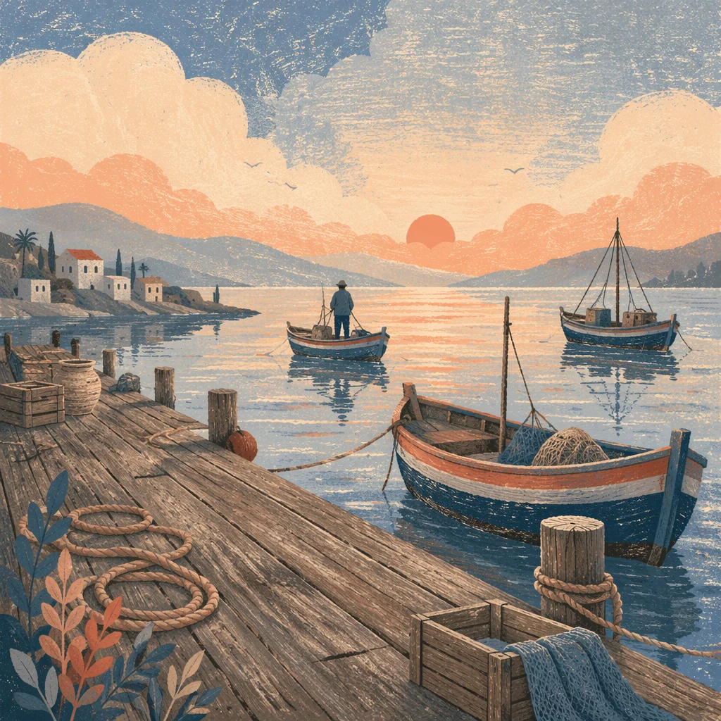 Sunrise Fishing Boats on Quiet Harbor