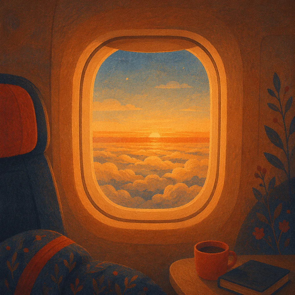Golden Sunset Through Airplane Window