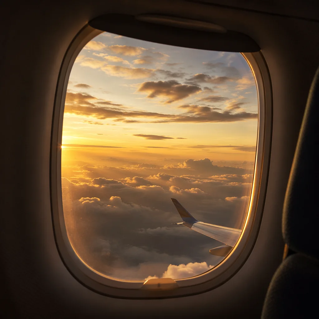 Golden Sunset Through Airplane Window