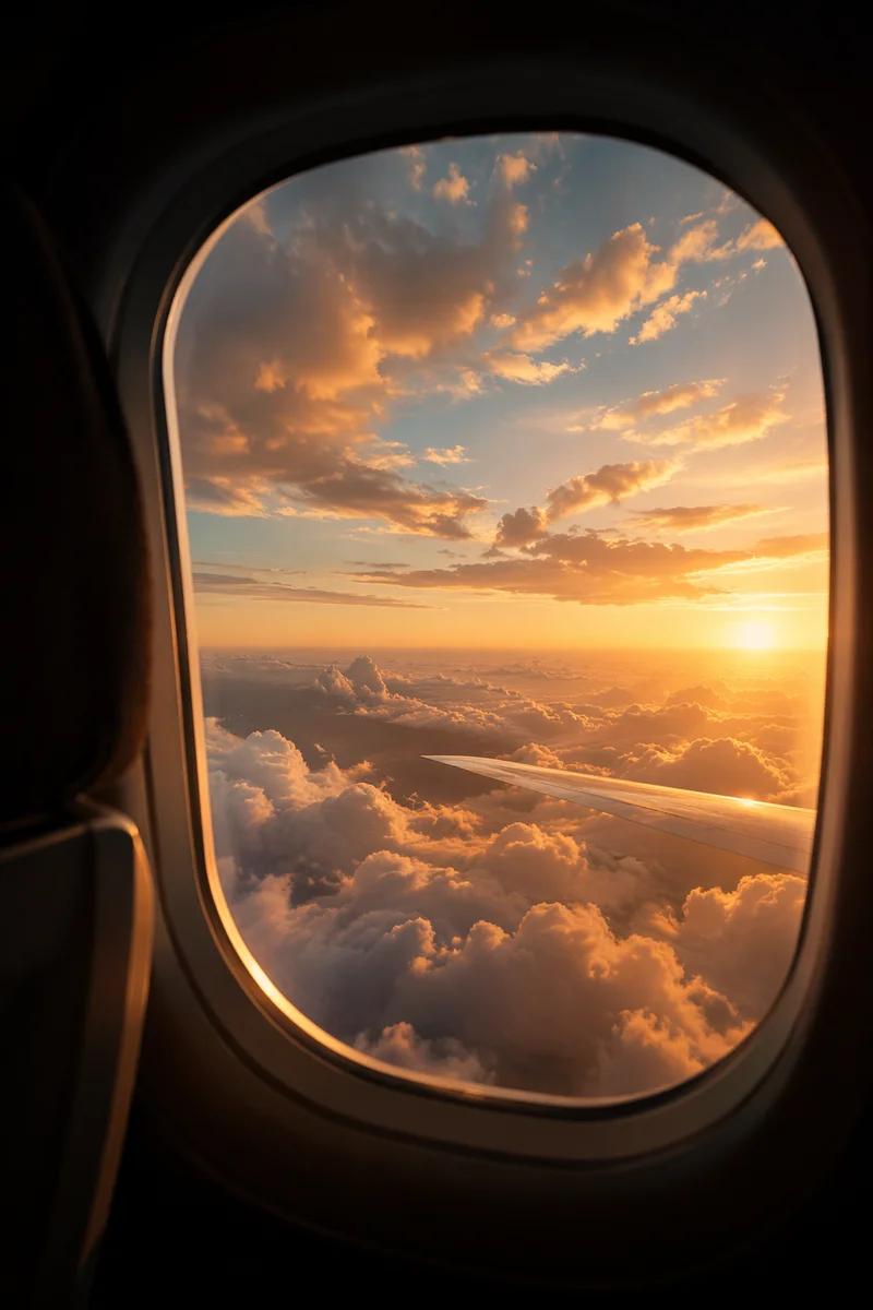 Golden Sunset Clouds from Airplane Window
