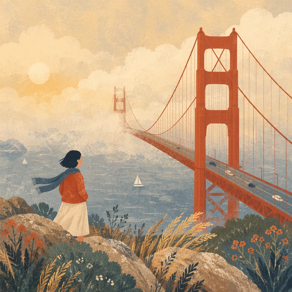 Foggy Vermilion Suspension Bridge at Dawn