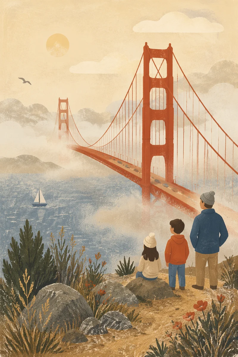 Foggy Vermilion Suspension Bridge at Dawn