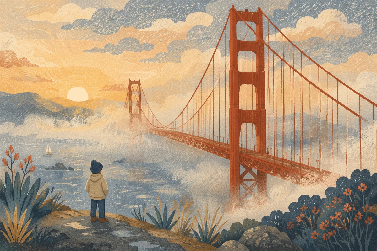 Golden Fog Suspension Bridge Coastal Sunrise