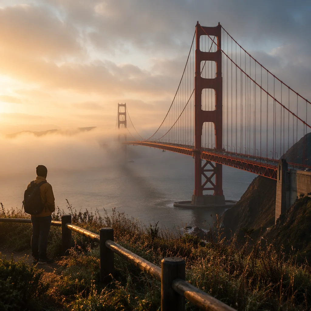 Misty Sunrise Suspension Bridge Overlook