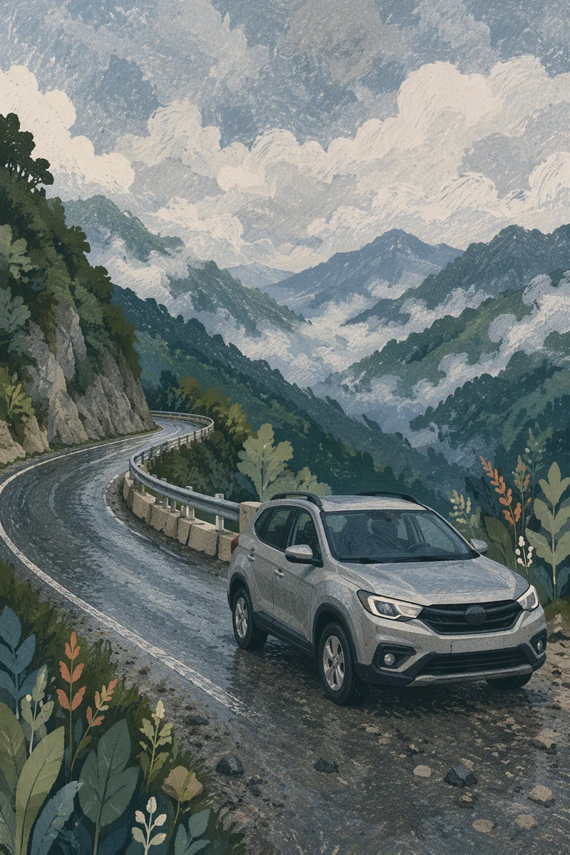 Silver SUV on Misty Mountain Road