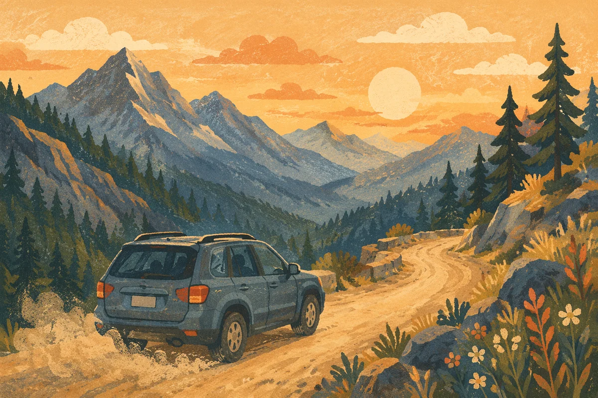 SUV Adventure on Mountain Road at Sunset