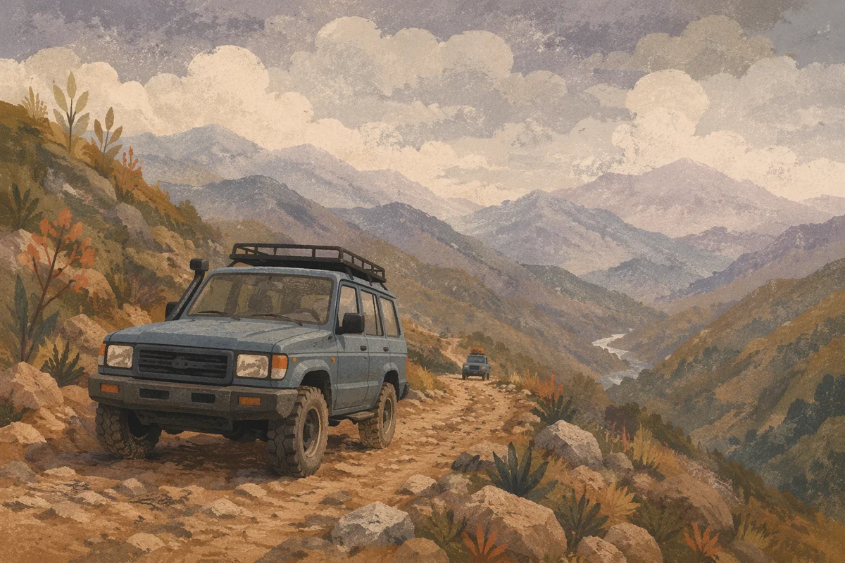 Rugged SUV on Misty Mountain Trail