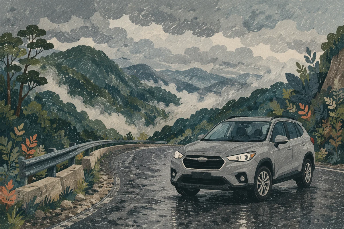 Silver SUV on Misty Mountain Road