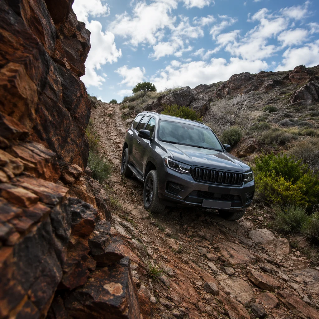 Rugged SUV Descending Rocky Mountain Trail