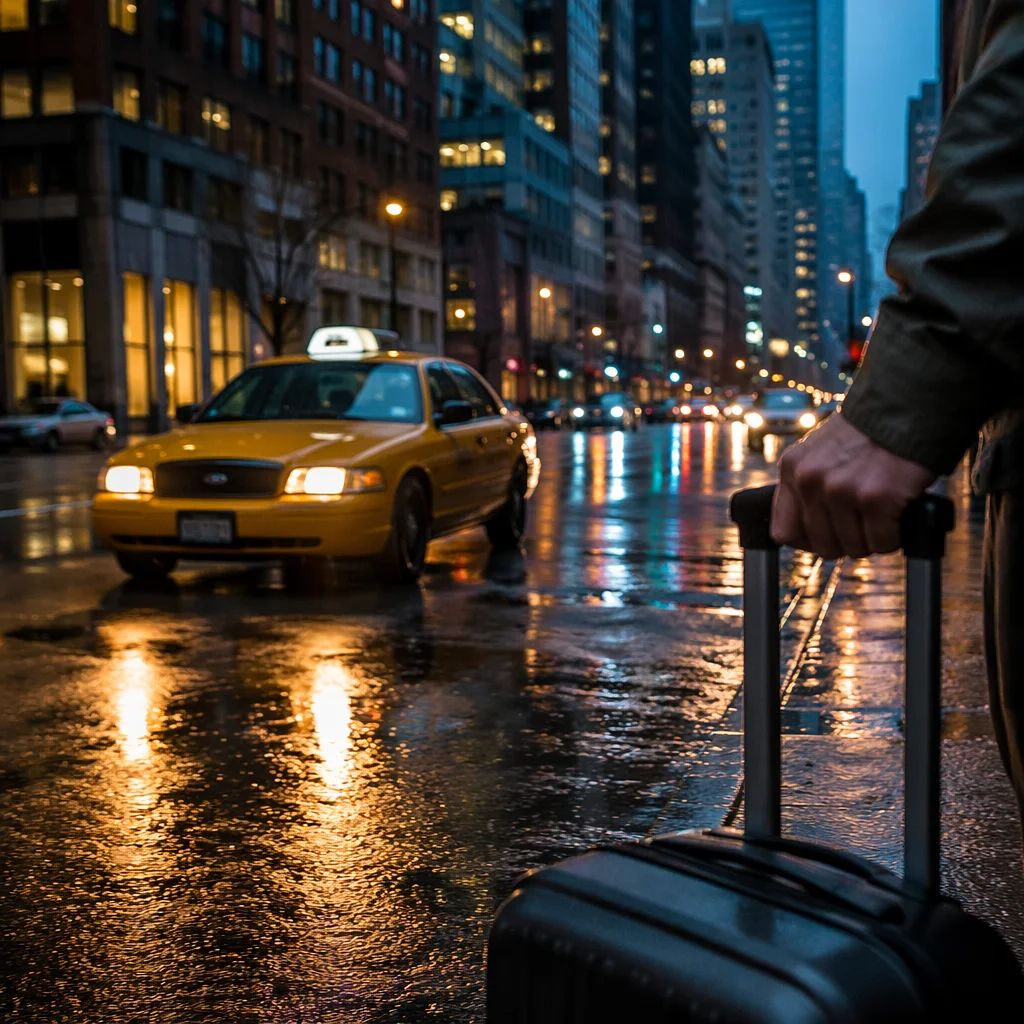 Yellow Taxi Arrival on Rainy Downtown Street