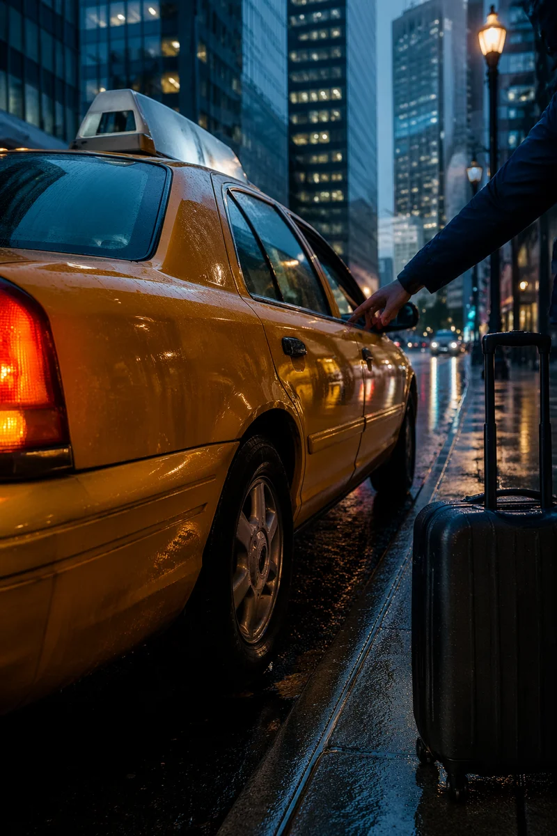 Yellow Taxi at Rainy Downtown Curb
