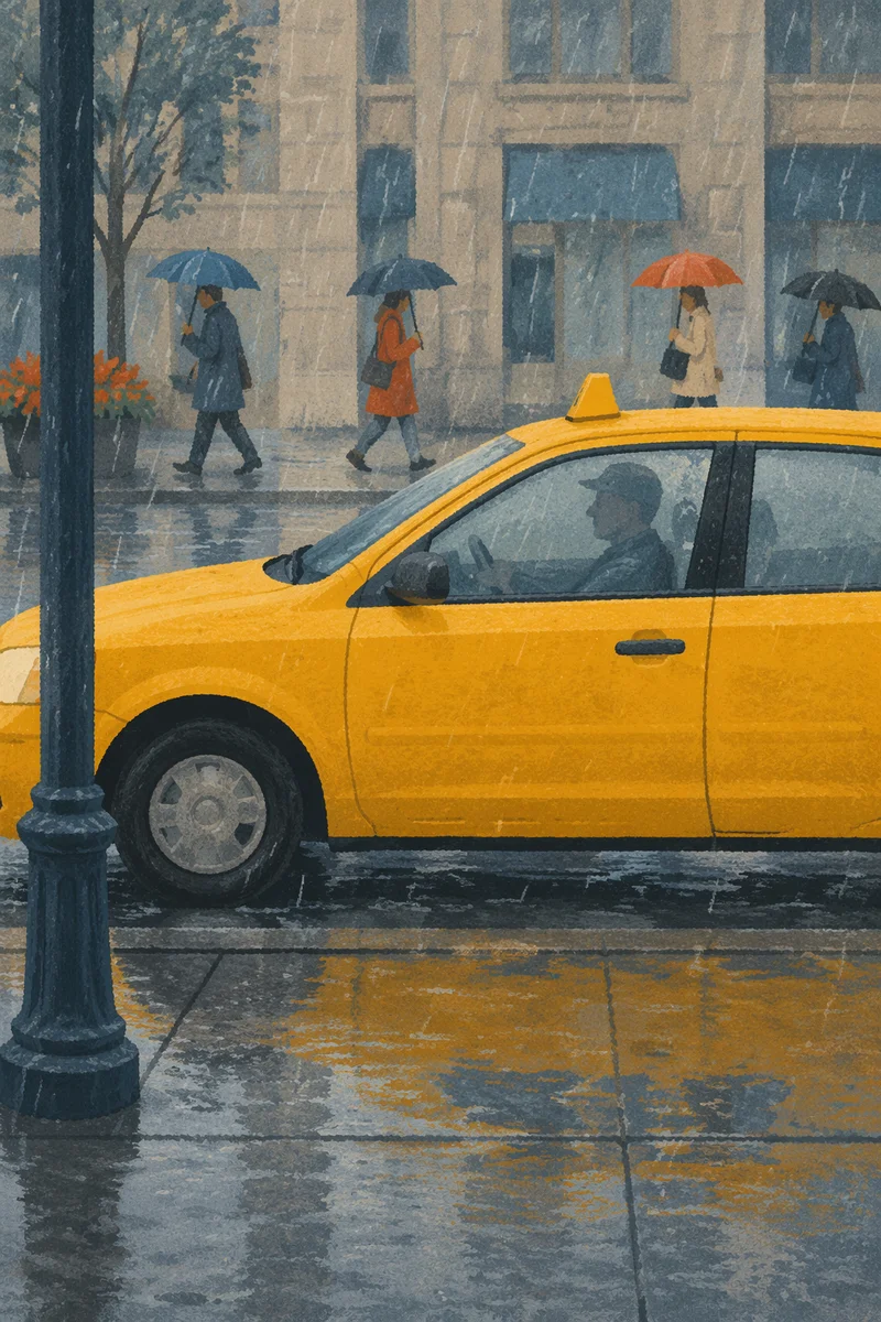 Yellow Taxi on Rainy City Street