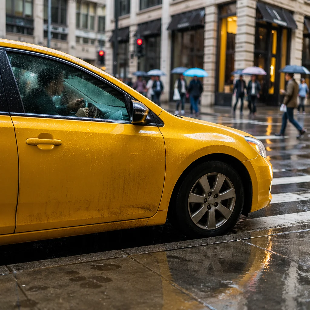 Yellow Taxi on Rainy City Street