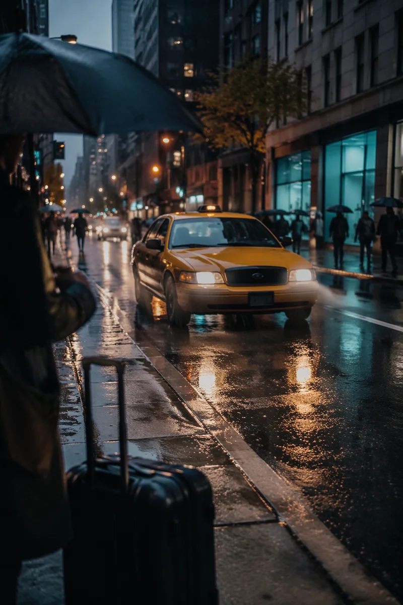 Yellow Taxi in Rainy City Twilight