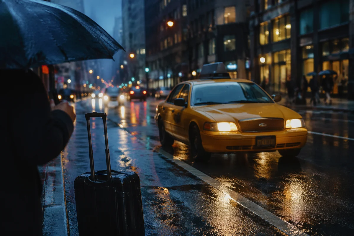 Yellow Taxi Arrival on Rainy City Street