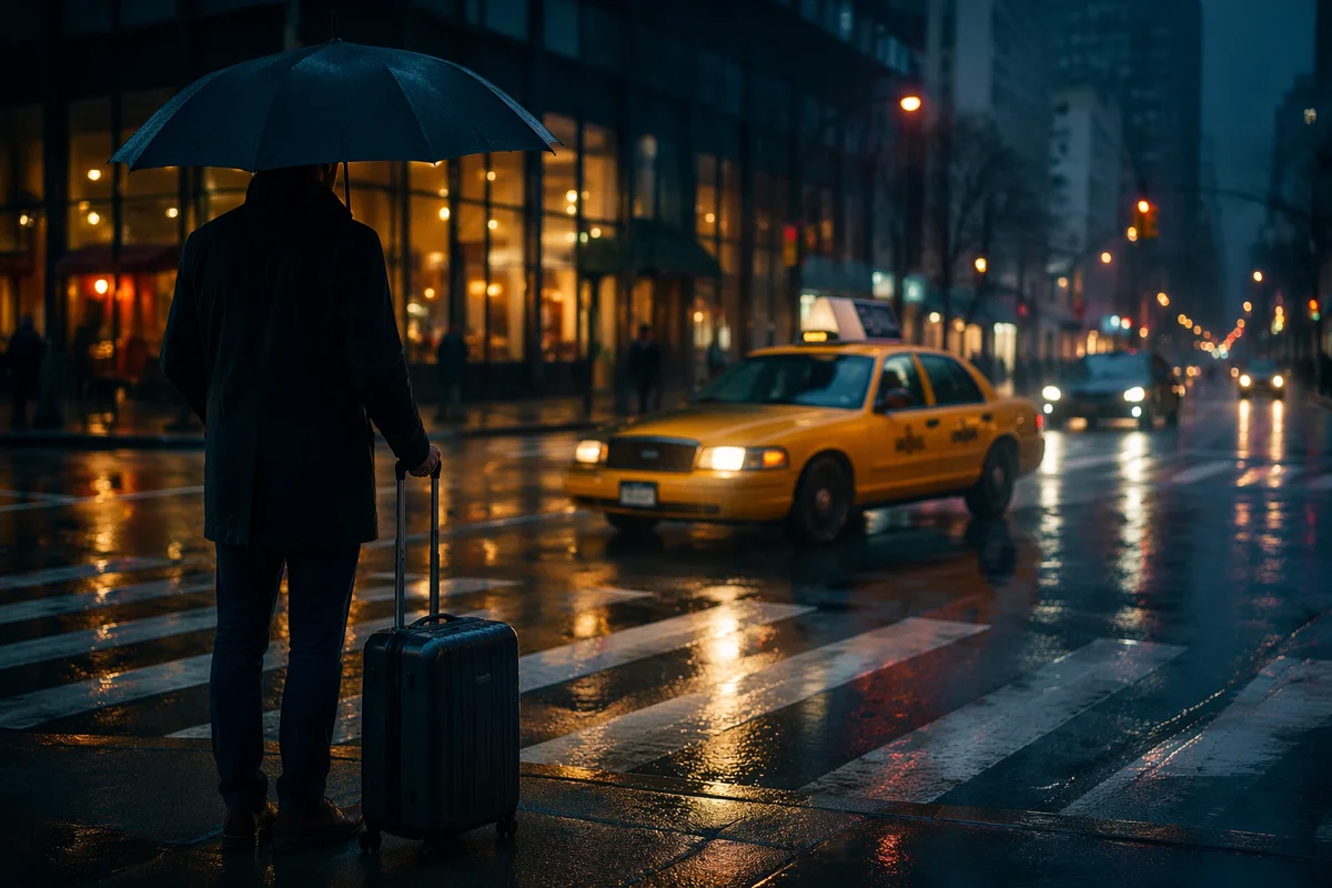 Yellow Taxi in Rainy Blue Hour