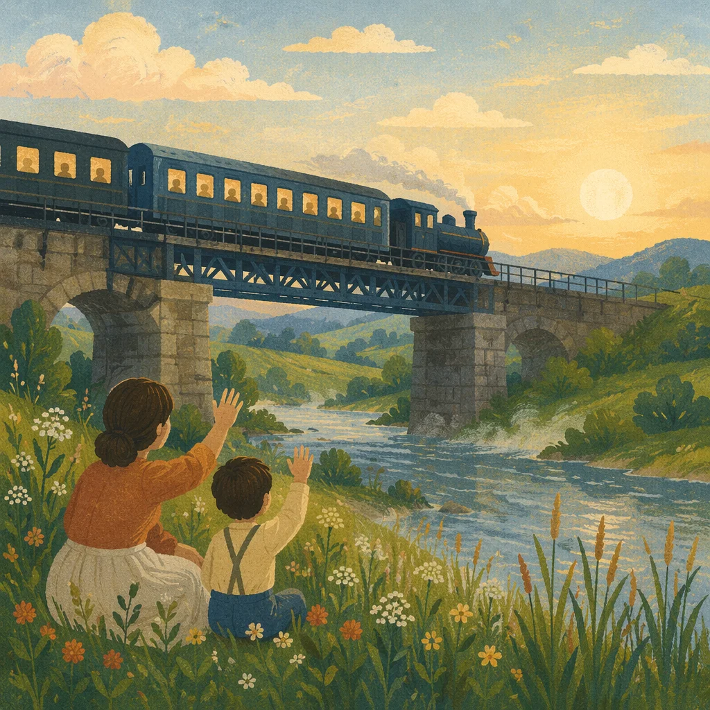 Morning Train Crossing Rural River Bridge