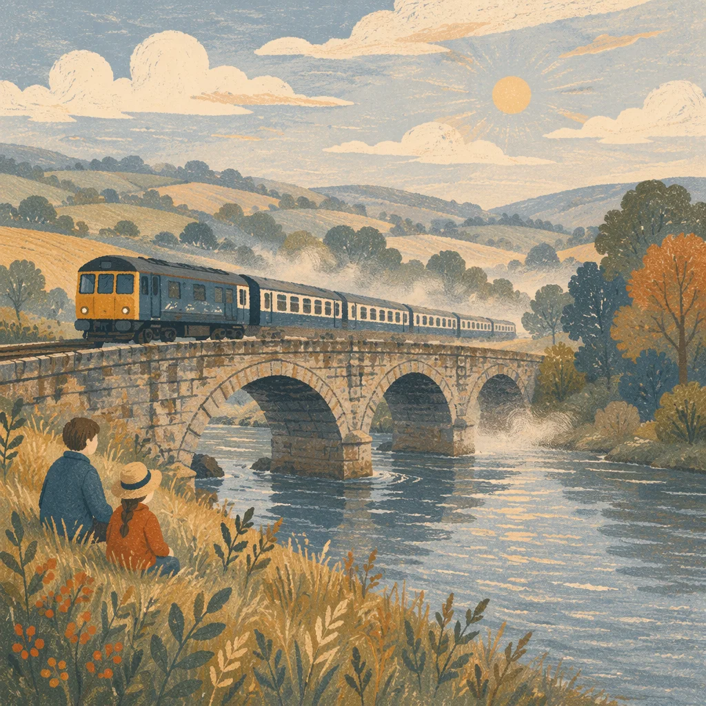 Regional Train Crossing River Bridge at Dawn