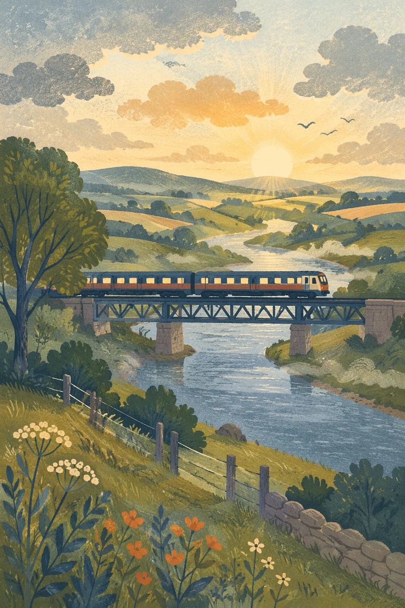 Peaceful Train Crossing River Bridge at Dawn