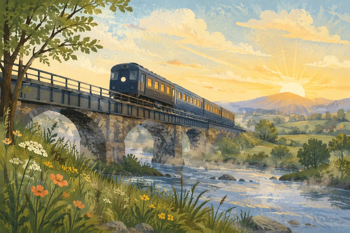 Morning Train Crossing Countryside River Bridge