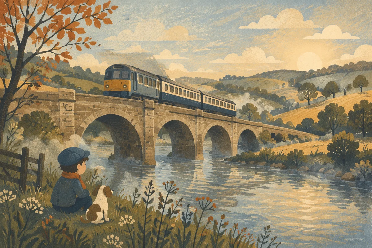Regional Train Crossing Stone Bridge at Dawn