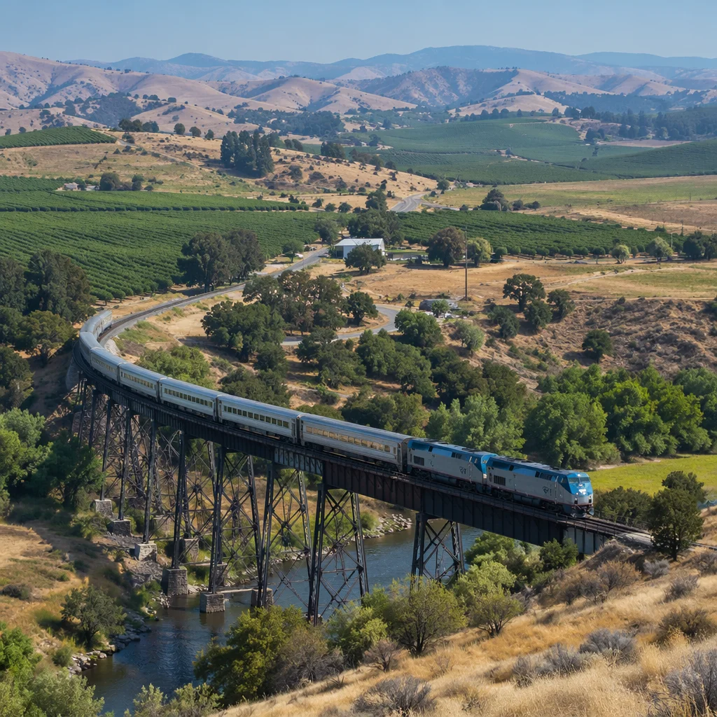Passenger Train Crossing Rural River Bridge