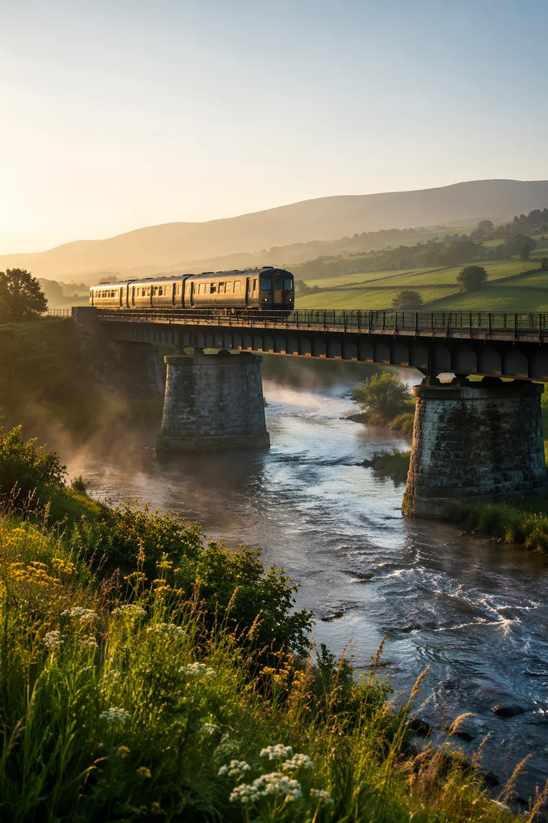 Morning Train Crossing Countryside River Bridge