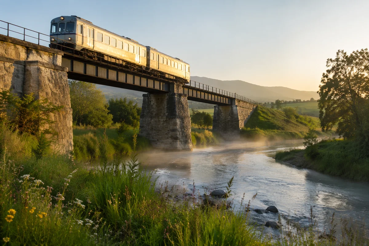 Morning Train Crossing Countryside River Bridge