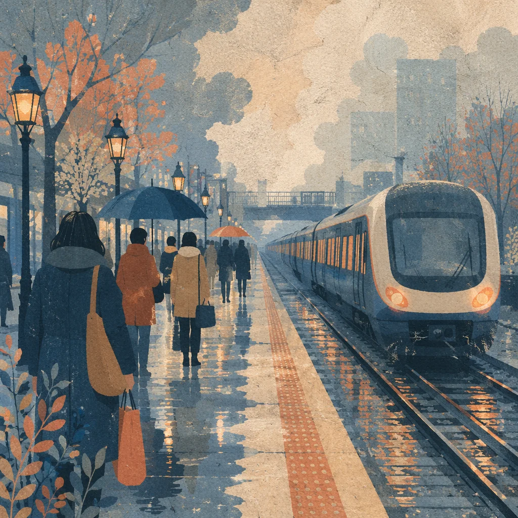 Blue Hour City Train Platform Commuters