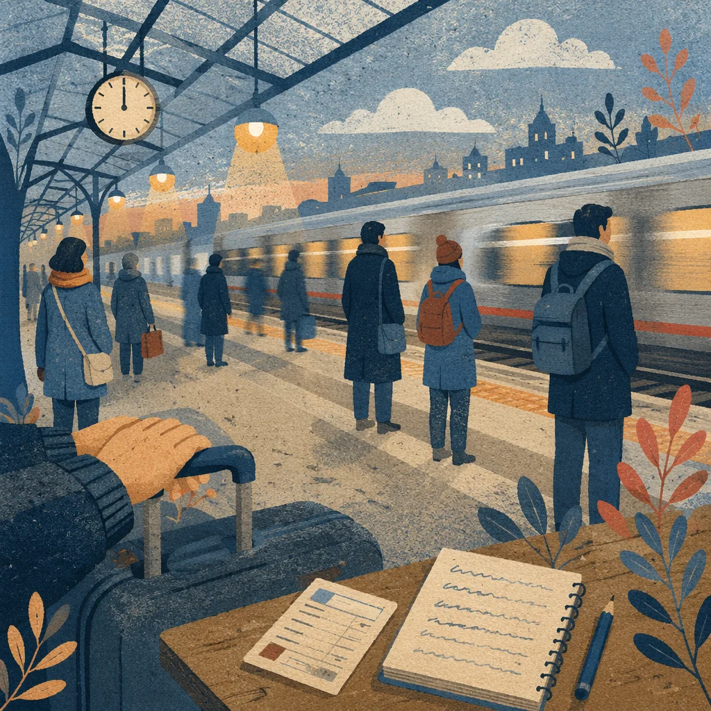 Quiet Dawn Commuters on City Train Platform