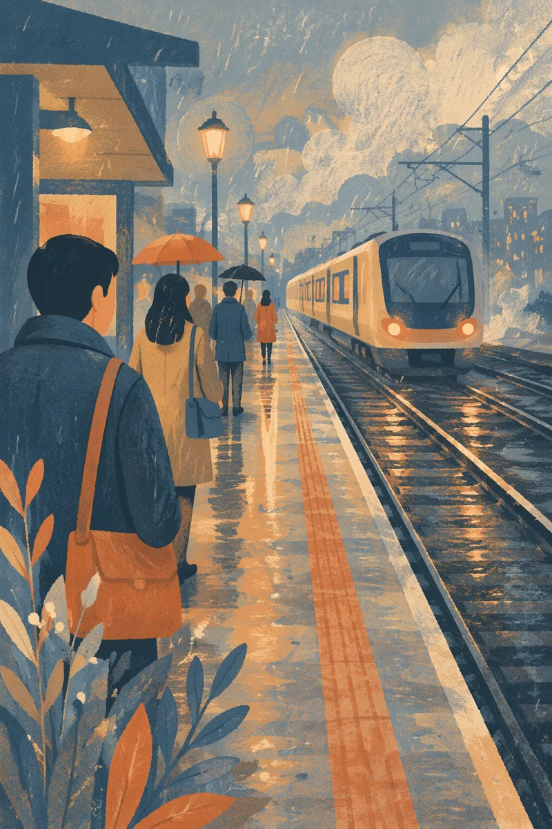Blue Hour Commuters at City Train Platform