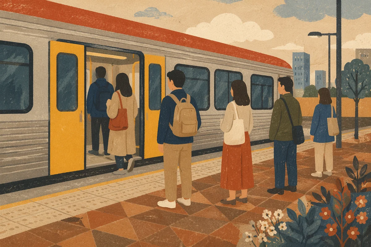 City Commuters Boarding Yellow Platform Train