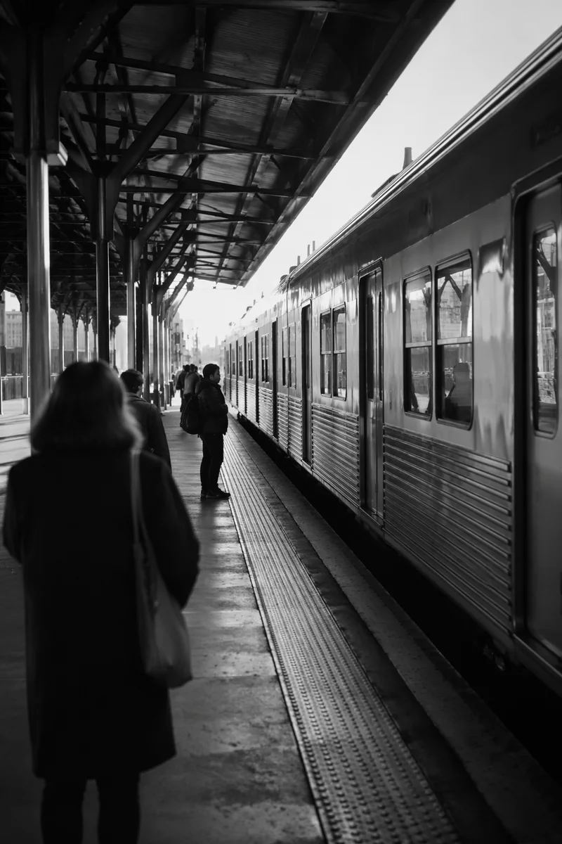 Monochrome Commuters on Urban Train Platform
