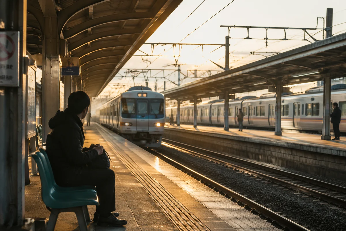 Golden Hour Urban Train Platform Commuters