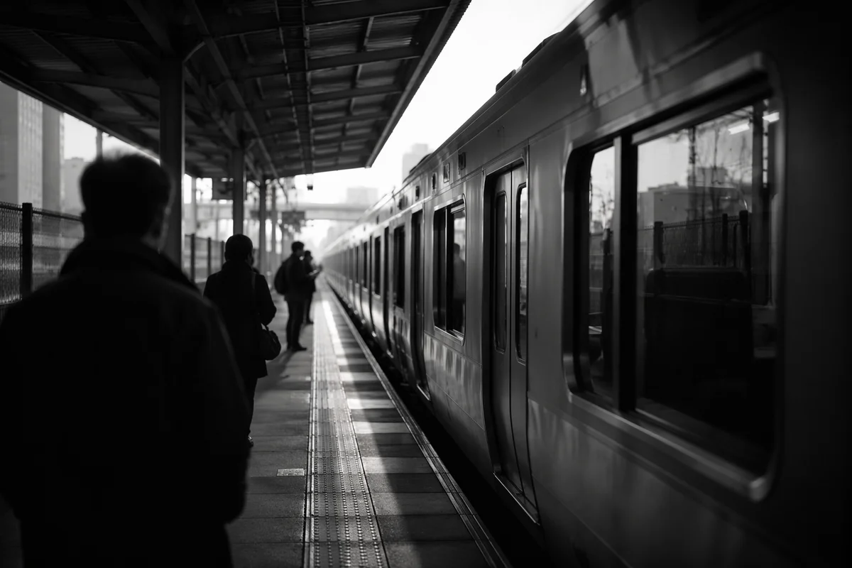 Quiet Morning Commuters on Urban Train Platform