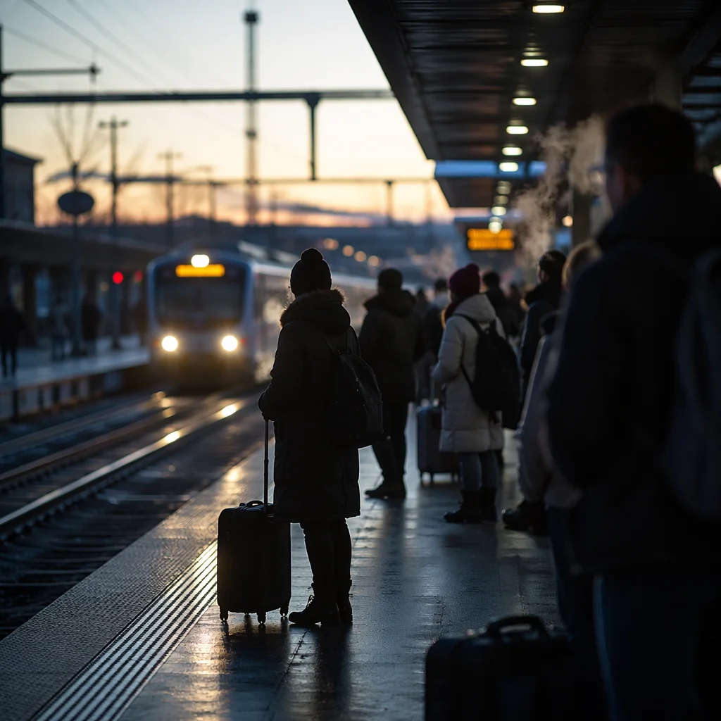 Blue Hour Commuters Await Train Arrival